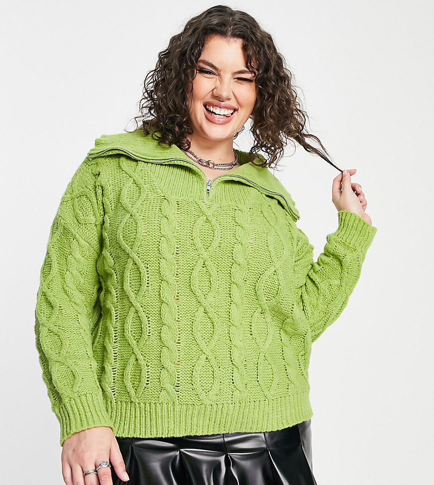 Daisy Street Plus cable knitted sweater with collar in Green