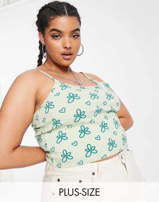 Daisy Street Plus cami crop top in sketchy green floral