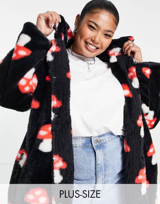 Daisy Street Plus - Cappotto in ecopelliccia di media lunghezza con stampa di funghi
