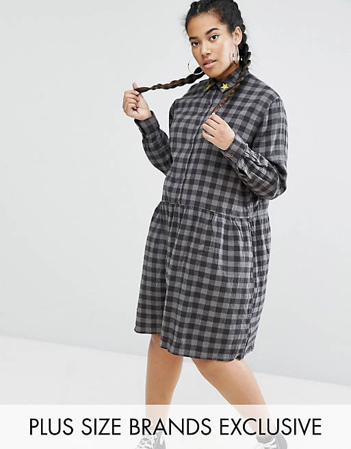 Daisy Street Plus Check Smock Dress With Embroidered Stars