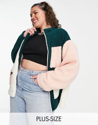 Daisy Street Plus colourblock coat in green and pink