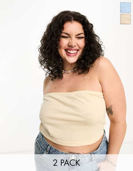 Daisy Street Plus - Confezione da 2 crop top a fascia blu a fiorellini e color pietra