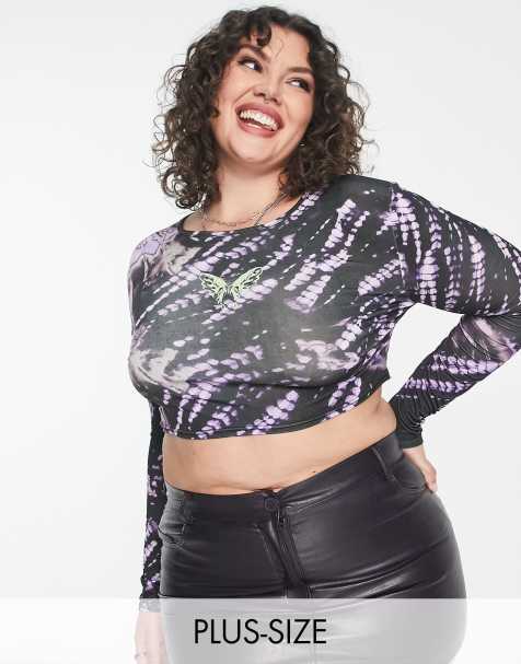 Daisy Street Plus - Crop top a maniche lunghe grunge effetto tie-dye con stampa di farfalle - view 1