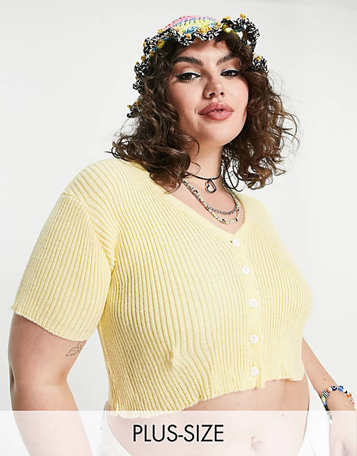 Daisy Street Plus cropped knitted short sleeve cardigan in lemon