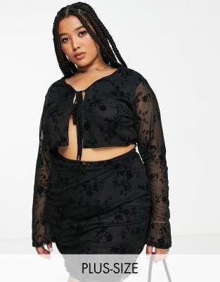Daisy Street Plus cropped tie front top in black velvet floral burnout - part of a set