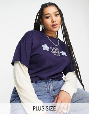 Daisy Street Plus douple layer long sleeve skate t-shirt with puff 1992 graphic