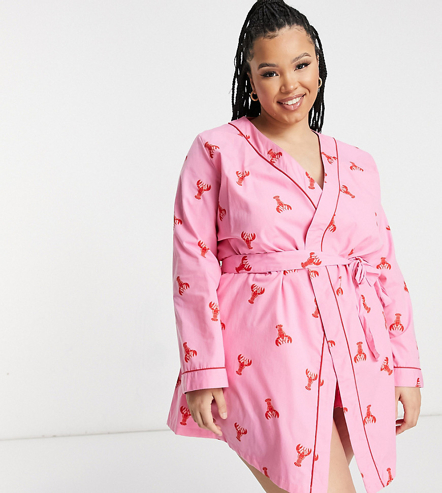 Daisy Street Plus dressing gown in lobster print set-Pink
