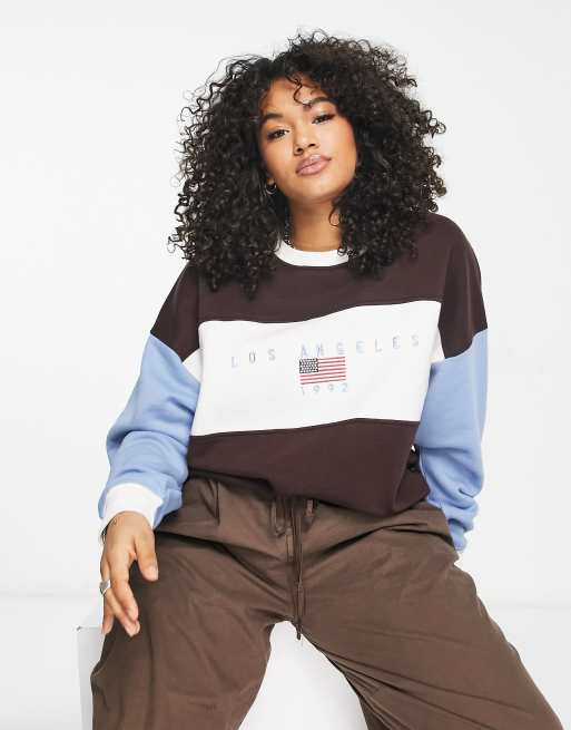 Daisy Street Plus - Felpa comoda blu e marrone con grafica 