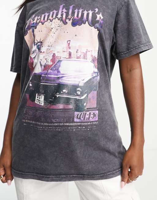 Daisy Street Plus - Forvasket grå afslappet oversized T-shirt med grunge print, 3 af 4