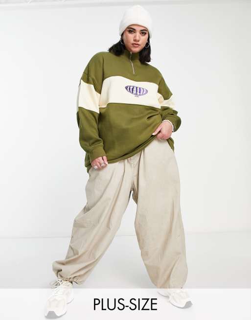 Daisy Street Plus funnel neck half zip sweat in khaki