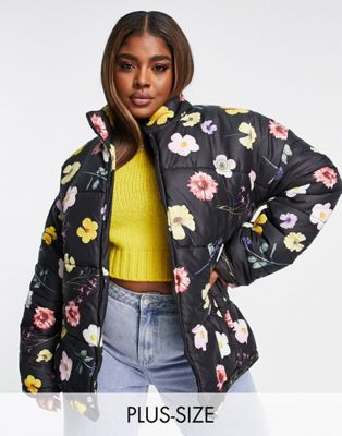 Daisy Street Plus high neck puffer jacket in black floral