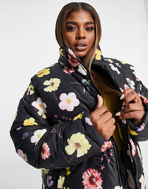  Daisy Street Plus high neck puffer jacket in black floral 