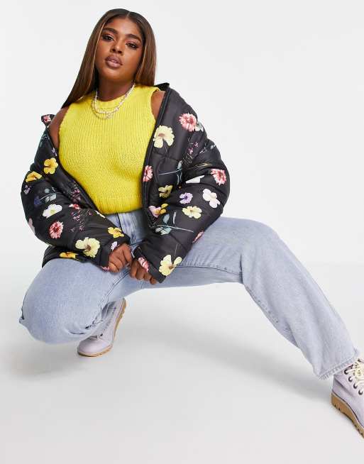 Daisy Street Plus high neck puffer jacket in black floral, 4 of 4