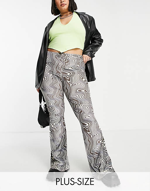 Daisy Street Plus high waisted flare trousers in brown trippy wave print