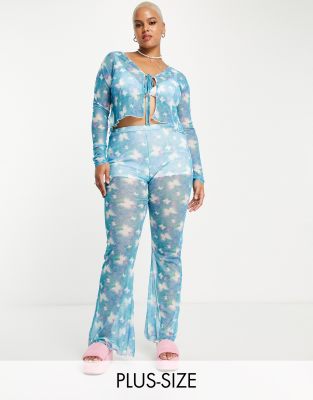 Daisy Street Plus High Waisted Lettuce Hem Flare Pants In Butterfly Mesh - Part Of A Set-blue