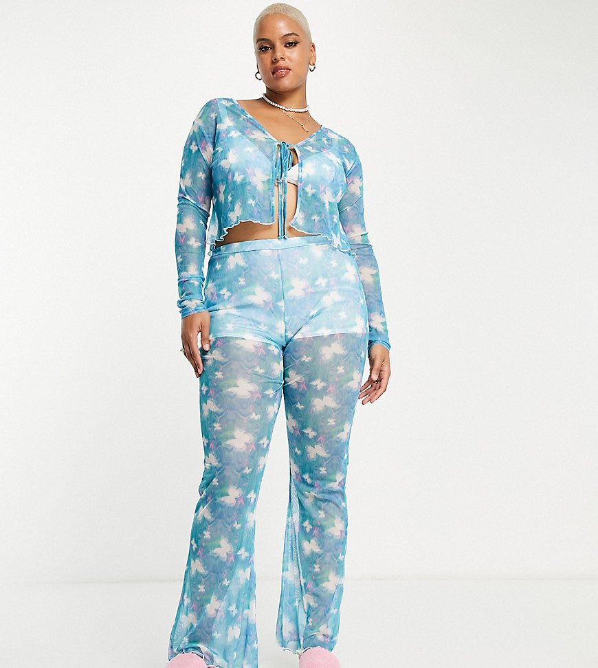 high waisted lettuce hem flare pants in butterfly mesh - part of a set-Blue