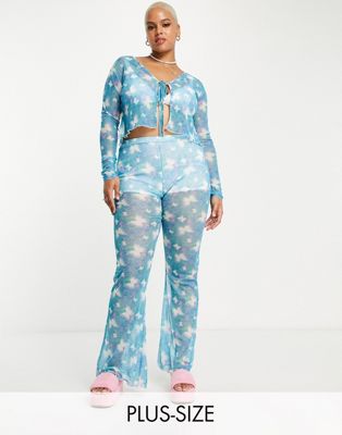 Daisy Street Plus high waisted lettuce hem flare trousers in butterfly mesh co-ord