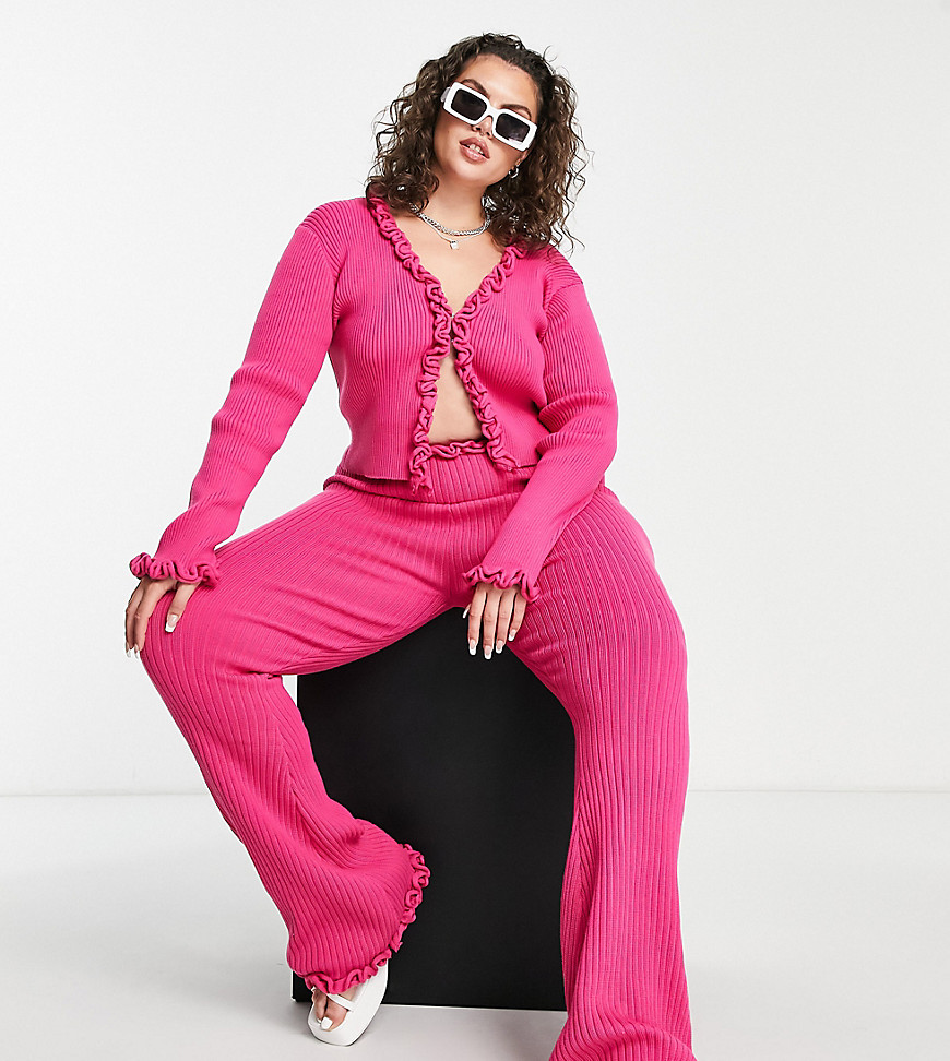 Daisy Street Plus high waisted relaxed trousers with frill detail in hot pink knit co-ord