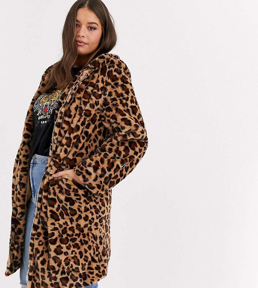 Daisy Street Plus – Kappa i longline-modell med dragkedja framtill och huva med leopardmönstrad fuskpäls-Brun