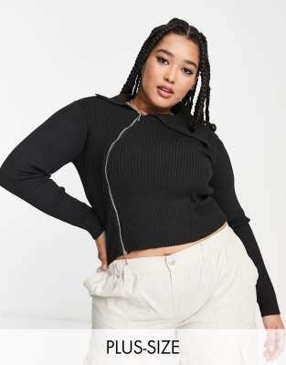 Daisy Street Plus knitted crop top with asymmetric zip and collar-Black