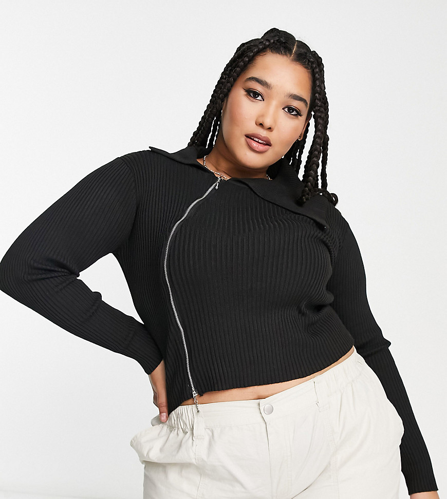 Daisy Street Plus knitted crop top with asymmetric zip and collar-Black