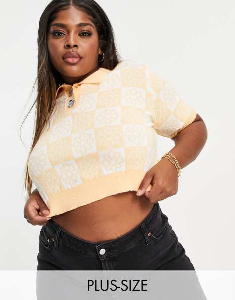 Daisy Street Plus knitted crop top with embellished buttons in floral check - view 1