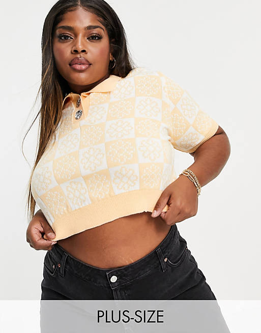 Daisy Street Plus knitted crop top with embellished buttons in floral check
