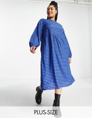 Daisy Street Plus - Langärmliges Hängerkleid mit hellblauem Karomuster