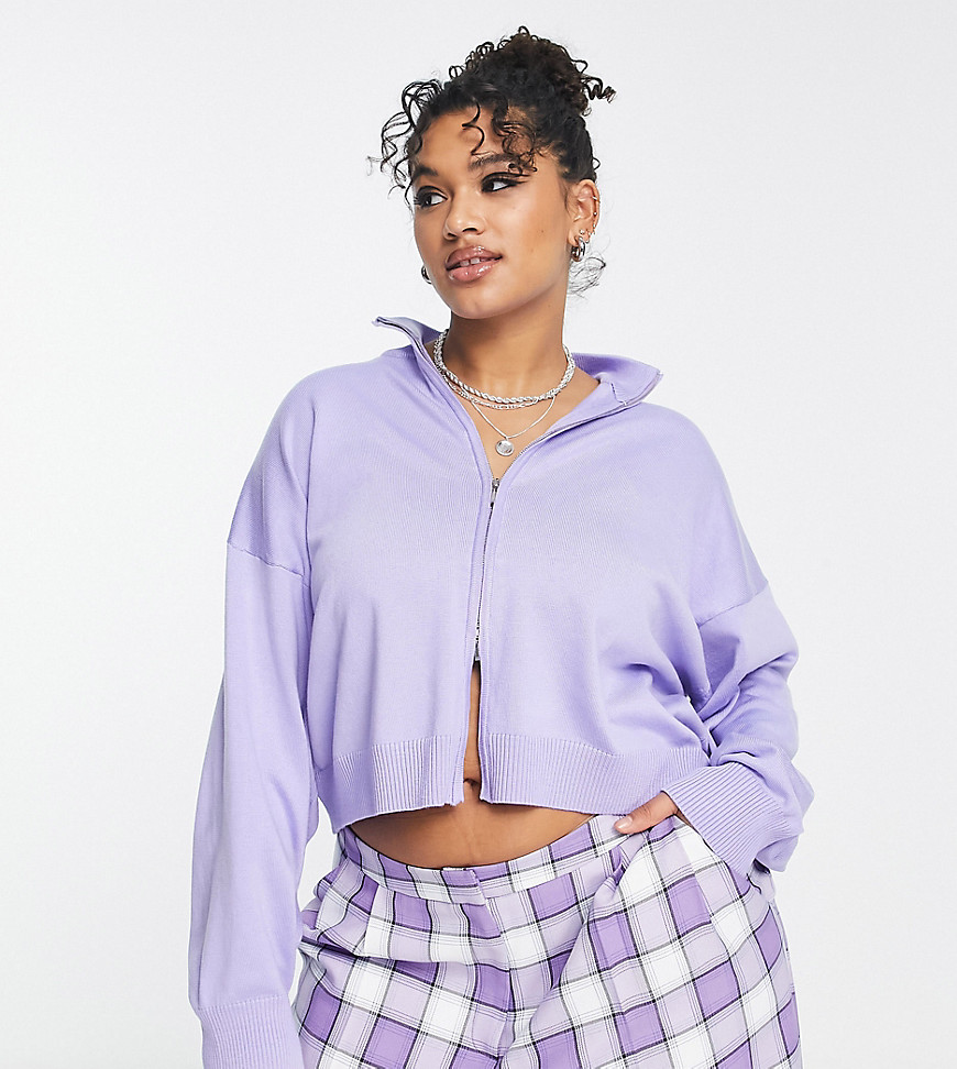 Daisy Street Plus Lilac zip up sweater with collar-Purple