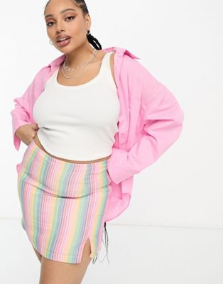 Daisy Street Plus linen look mini skirt in rainbow stripe-Multi