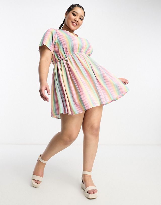 Daisy Street Plus linen mini smock dress in rainbow stripe