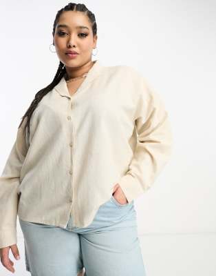 Daisy Street Plus Daisy Street Plus linen relaxed boyfriend shirt in stone-Neutral