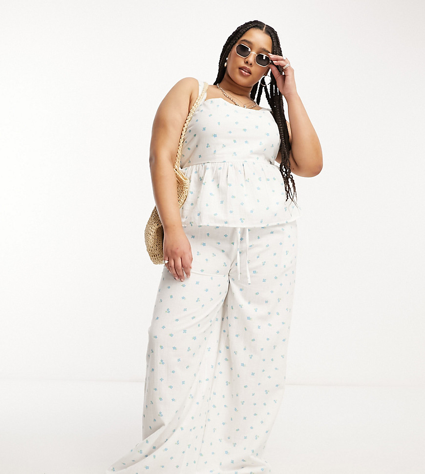 Daisy Street Plus Linen Relaxed Pants In Ditsy Floral -set-white