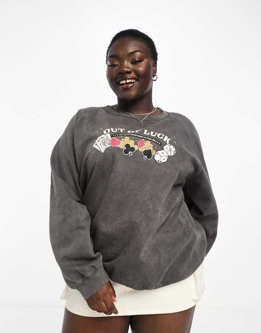 Daisy Street Plus – Locker geschnittenes Sweatshirt in Vintage-Waschung mit „Luck“-Grafikprint