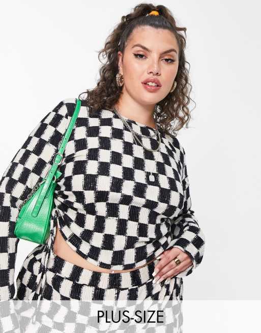 Daisy Street Plus long sleeve crop top in checkerboard velvet plisse - part of a set