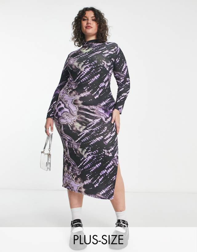 Daisy Street Plus long sleeve grunge midi body-conscious dress in tie dye with buttefly graphic