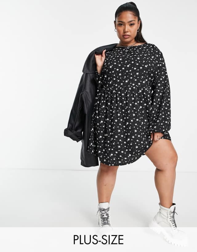 Daisy Street Plus long sleeve mini smock dress in star print