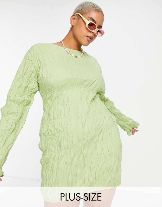 Daisy Street Plus long sleeve shirred mini dress in lime