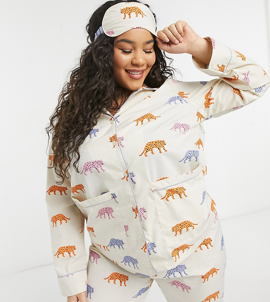 Daisy Street Plus long sleeve shirt and pajama pants set with eye mask in tiger print-Multi