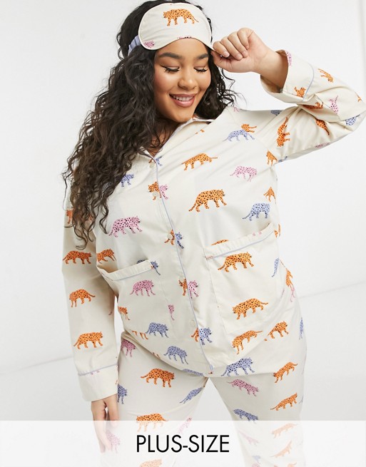 Daisy Street Plus long sleeve shirt and pyjama bottoms set with eye mask in tiger print