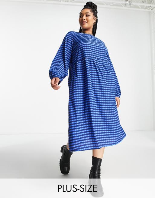 Daisy Street Plus long sleeve smock dress in bright blue check | ASOS