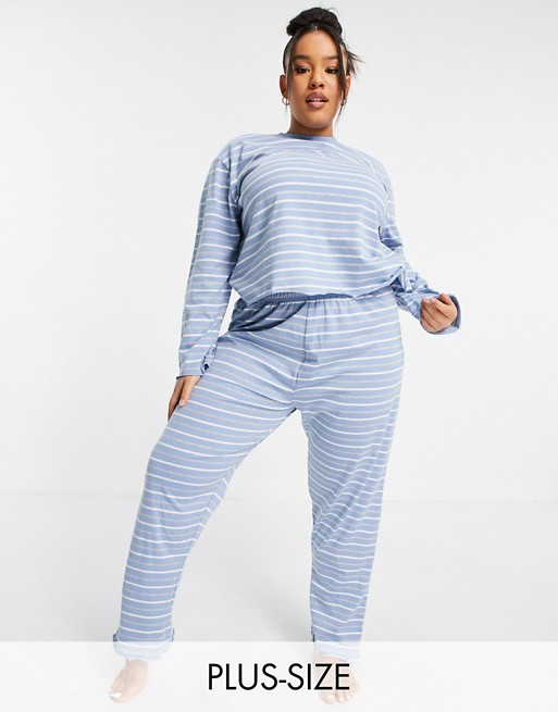 Daisy Street Plus long sleeve top and pyjama bottoms set in vintage stripe