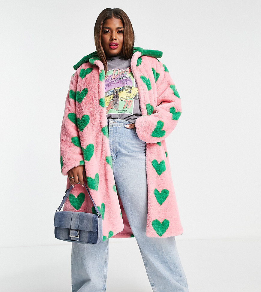Daisy Street Plus longline faux fur coat in contrast heart print-Pink