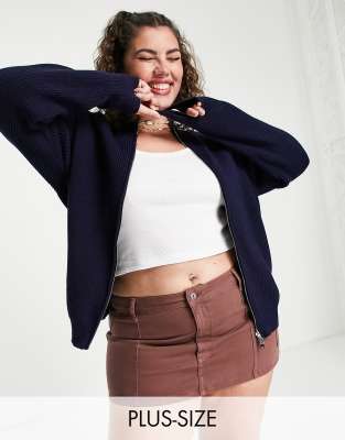 Daisy Street Plus - Maglione in maglia a coste blu navy con zip