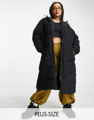 Daisy Street Plus maxi puffer coat in black jumbo corduroy with hood