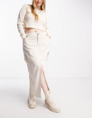Daisy Street Plus Daisy Street Plus maxi utility skirt in stone corduroy-Neutral