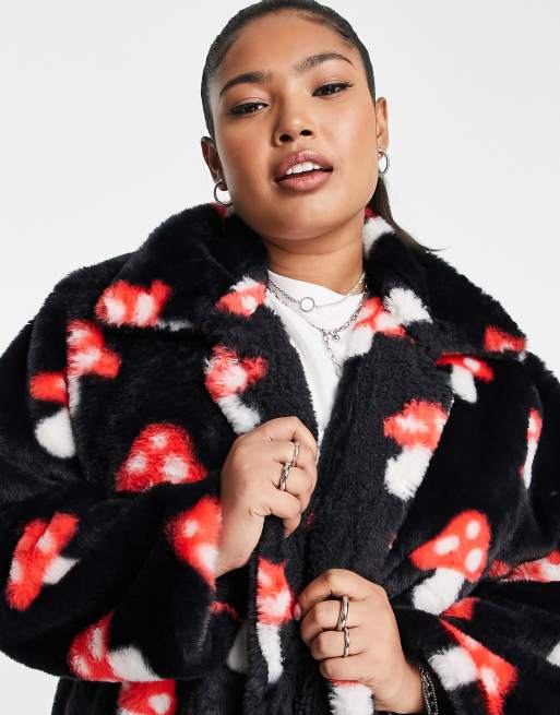 Daisy Street Plus mid length faux fur coat in mushroom print | ASOS