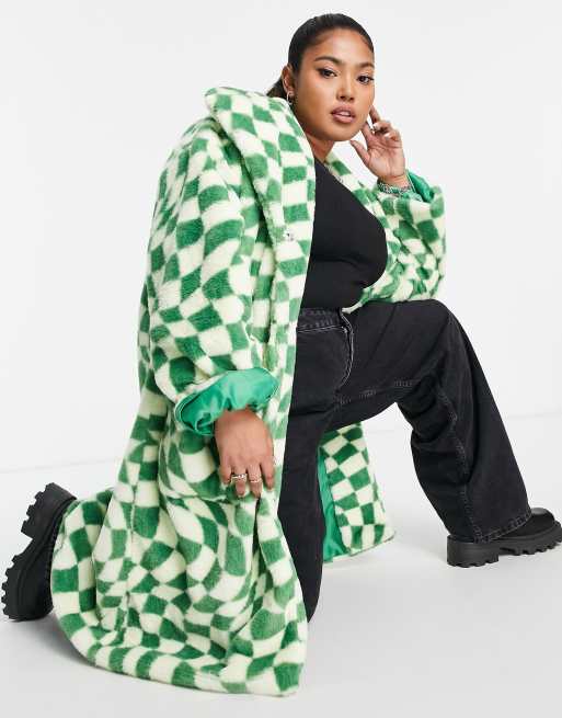 Daisy Street Plus mid length faux fur coat in wavy checkerboard print, 4 of 4