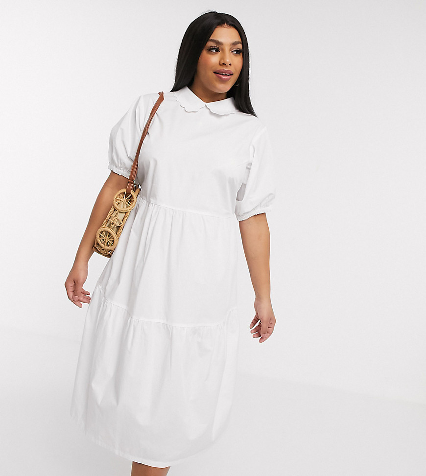 Daisy Street Plus - Midaxi smock-kjole med lagdelt nederdel og pufærmer i bomuld-Hvid