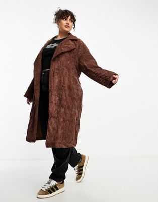 midi corduroy coat with tie wrap waist in chocolate-Brown
